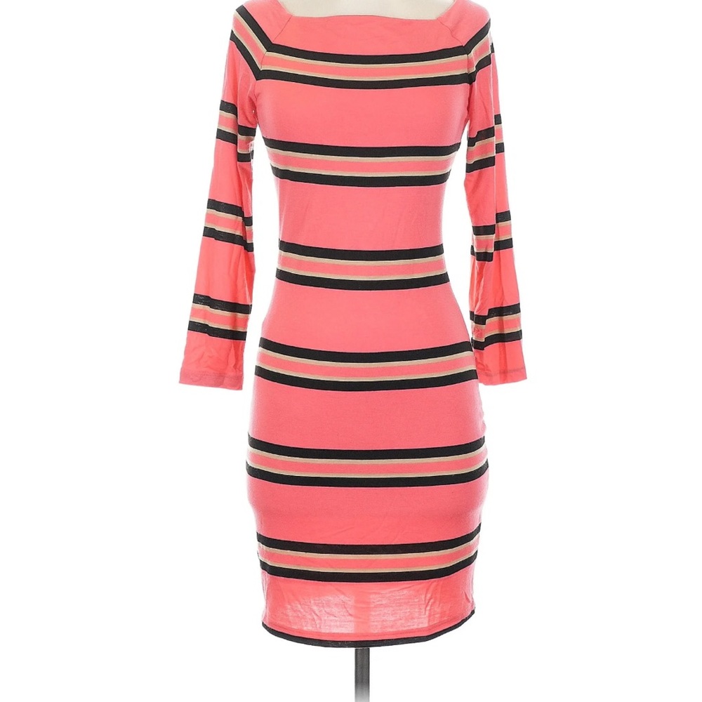 bebe Coral and Black Striped Long Sleeve Dress
